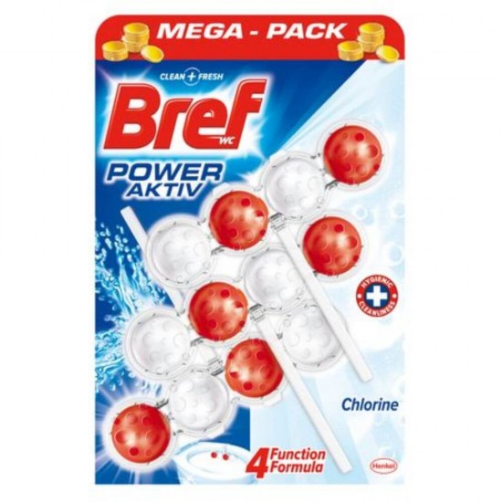 Odorizant WC Bref Power Akttiv Chlorine, 3 Buc/Set, Cantitate 50 g, Parfum Fresh, Odorizant Toaleta, Odorizant Anticalcar pentru WC, Odorizant pentru Toaleta cu Suport, Bile Odorizante WC, Odorizant Dezinfectant pentru WC