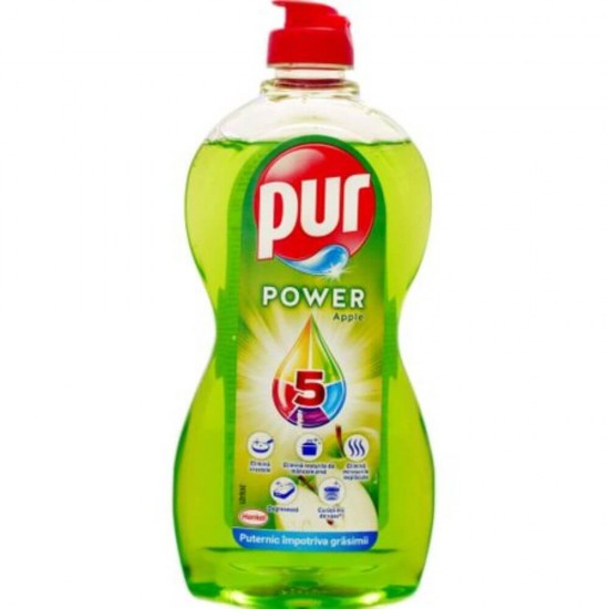 Detergent Lichid de Vase PUR Power 5 Apple, 450 ml, Parfum de Mere Verzi, Pur Detergent de Vase, Detergent de Vase Manual, Detergent Lichid pentru Vase, Degresant pentru Vase, Detergent Impotriva Grasimilor, Solutii Curatare Vase