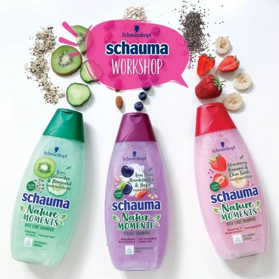 Sampon SCHAUMA Nature Moments, 400 ml, cu Extract de Acai, Ovaz si Lapte de Migdale, Sampon Vegan, Sampon Spalare Par, Sampon Fortifiere, Sampoane pentru Par Degradat, Sampon Ingrijire Par, Sampon Curatare Par, Sampon pentru Parul Moale