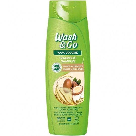 Sampon Wash&Go cu Extract de Ulei de Argan si Migdale, 360 ml , Pentru Toate Tipurile de Par, Cu Ulei de Argan, Migdale si Camelie, Sampon Ingrijire Par, Sampon Spalare Par, Sampon Fortifiere, Sampoane pentru Par