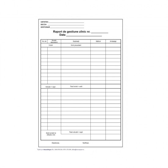 Raport Gestiune Zilnic A4, 100 File/Carnet - Formular Tipizat de Gestionare