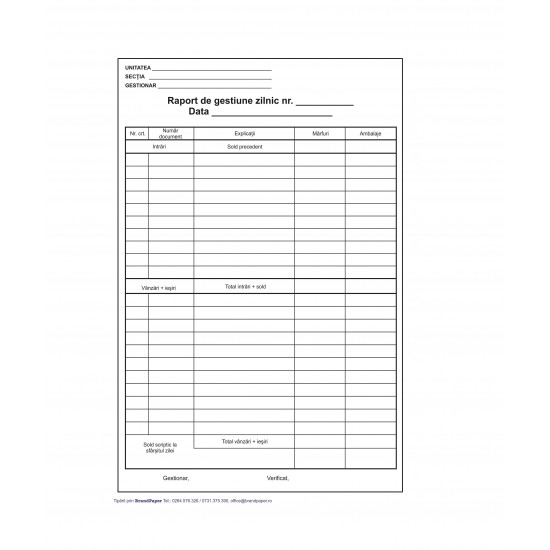 Raport de Gestiune Zilnic Autocopiativ, Format A4, 2 Exemplare, 50 Seturi/Carnet, Raport de Gestiune Nepersonalizat, Tipizat si Formular Fiscal Contabil Nepersonalizat