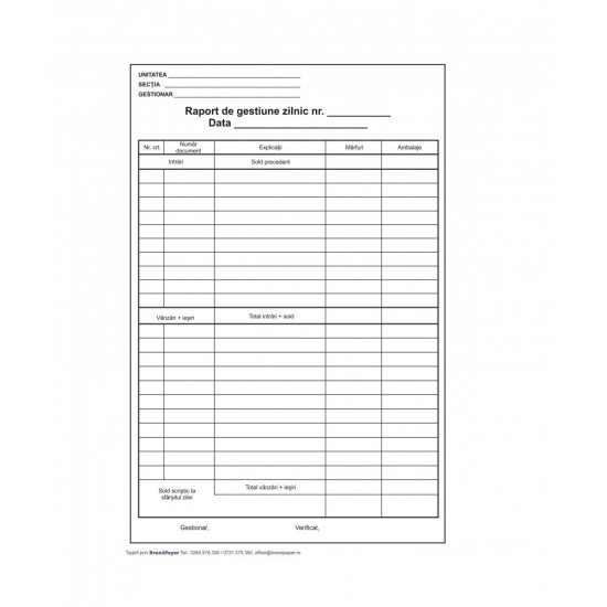 Raport de Gestiune Zilnic A4 Autocopiativ, 2 Exemplare, Tipar 1+0, 50 Set/Carnet