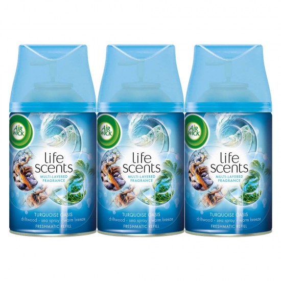 AIR WICK Rezerva Spray Odorizant Freshmatic, Turquoise Oasis, 250ml, Parfum Oceanic, Spray tip Aerosol, Odorizant Camera, Odorizant Parfumat Camera, Spray Odorizant, Rezerva Odorizant Spray, Spray de Camera Parfum Fresh