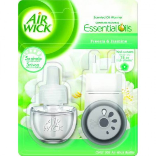 Air Wick Odorizant Electric Aparat + Rezerva Frezie si Flori de Iasomie, 19ml, Parfum Floral, Odorizant de Camera, Odorizant Lichid, Odorizant Electric pentru Camera, Odorizant Frezie si Iasomie, Set Odorizant Lichid si Aparat Electric