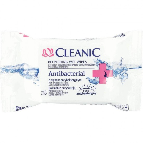 Servetele Umede Antibacteriene CLEANIC, 15 Buc/Set, Servetele Umede, Servetele Delicate, Servetele Antibacteriene, Servetele Dezinfectante, Servetele de Buzunar, Servetele Maini