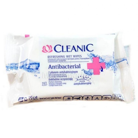 Servetele Umede Antibacteriene CLEANIC, 15 Buc/Set, Servetele Umede, Servetele Delicate, Servetele Antibacteriene, Servetele Dezinfectante, Servetele de Buzunar, Servetele Maini