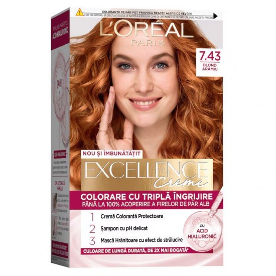 Vopsea de Par Permanenta L'OREAL Paris Excellence Creme 7.43, Blond Aramiu, 192 ml, Cu Amoniac, Vopsea de Par, Vopsea de Par Permanenta, Vopsea de Par L'OREAL, Vopsea de Par L'OREAL Paris Excellence, Vopsea Permanenta L'OREAL