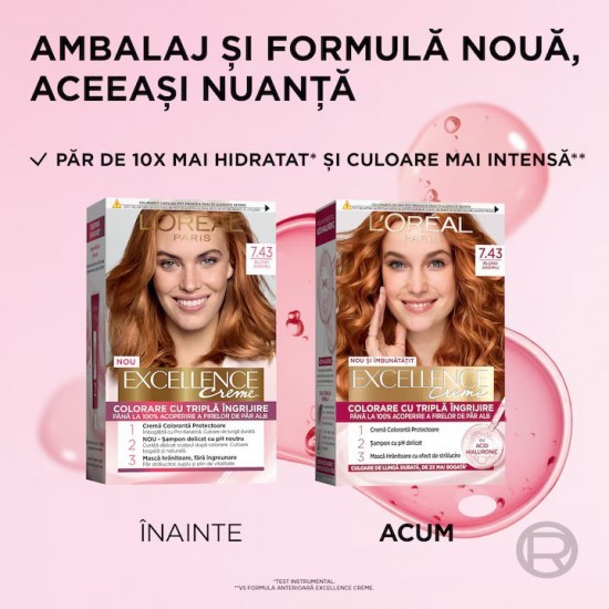 Vopsea de Par Permanenta L'OREAL Paris Excellence Creme 7.43, Blond Aramiu, 192 ml, Cu Amoniac, Vopsea de Par, Vopsea de Par Permanenta, Vopsea de Par L'OREAL, Vopsea de Par L'OREAL Paris Excellence, Vopsea Permanenta L'OREAL