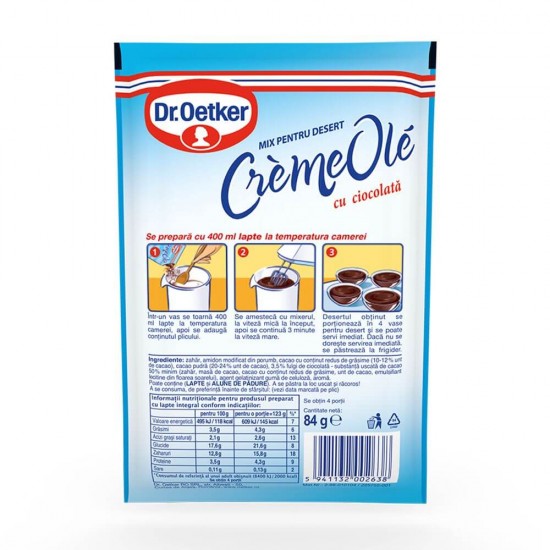 Creme Desert Ole Dr. Oetker, 84 g, Aroma Ciocolata, Creme pentru Desert Dr Oetker cu Ciocolata, Creme Ole cu Ciocolata pentru Desert, Praf pentru Desert Dr Oetker, Praf pentru Creme, Mixuri pentru Creme, Praf pentru Budinca