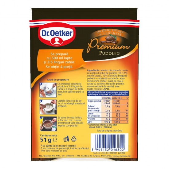 Praf de Budinca Premium cu Gust de Ciocolata Belgiana Dr. Oetker, 51 g, Praf pentru Budinca, Mix pentru Budinca, Mix de Budinca, Budinca Instant, Budinca de Ciocolata, Amestec pentru Budinca, Budinca Dr Oetker, Praf Budinca de Ciocolata