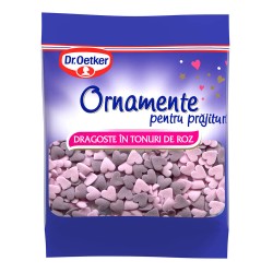 Ornamente Colorate pentru Prajituri DR. OETKER, Zahar, 30 g, Forma de Inima, Ornamente de Zahar, Ornamente pentru Deserturi, Inimi de Zahar pentru Prajituri, Ornamente pentru Dulciuri, Ornamente pentru Decor Deserturi, Inimi Roz pentru Deserturi