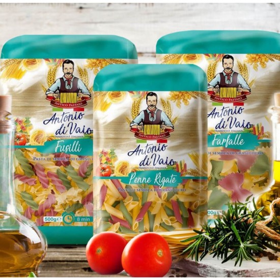 Paste Antonio Di Vaio Penne Tricolore, 500g, Paste Grau, Paste Grau Dur, Paste Tricolore, Paste Antonio Di Vaio, Paste Dure, Paste din Grau, Paste Fainoase, Pasta Fainoasa, Pasta Antonio Di Vaio, Pasta Tricolore Antonio Di Vaio, Paste Tricolore