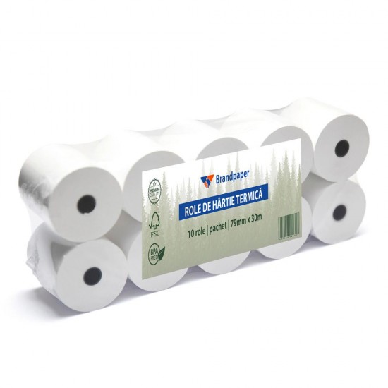 Set 10 Role Termice ROLLIS, Dimensiune 80mm x 30m, Tipar 1 Culoare, Hartie Termica 48 g/m² fara Bisfenol A (BPA), Tub 12 mm