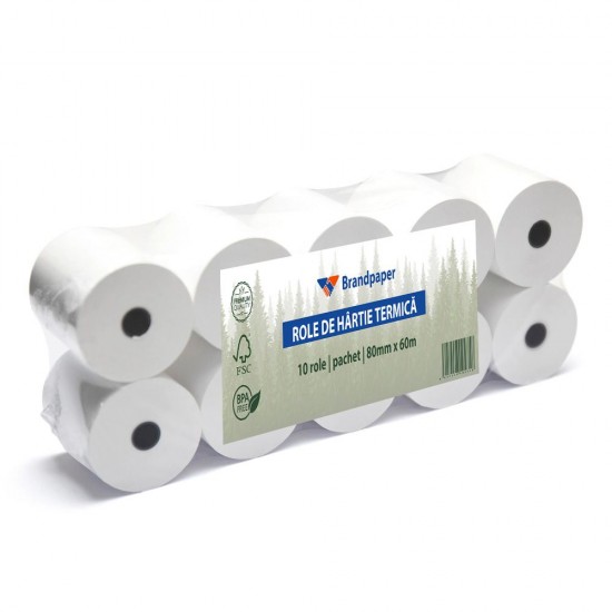Set 10 Role Termice ROLLIS, Dimensiune 80mm x 60m, Tipar 1 Culoare, Hartie Termica 48 g/m² fara Bisfenol A (BPA), Tub 12 mm