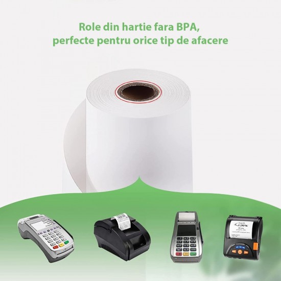Set 10 Role Termice ROLLIS, Dimensiune 80mm x 60m, Tipar 1 Culoare, Hartie Termica 48 g/m² fara Bisfenol A (BPA), Tub 12 mm