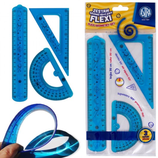 Set Geometrie Astra, 3 Elemente Flexibile, Raportor, Rigla, Echer