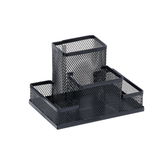 Suport Instrumente de Scris Mesh, 4 Compartimente, Plasa Metalica, Culoare Negru