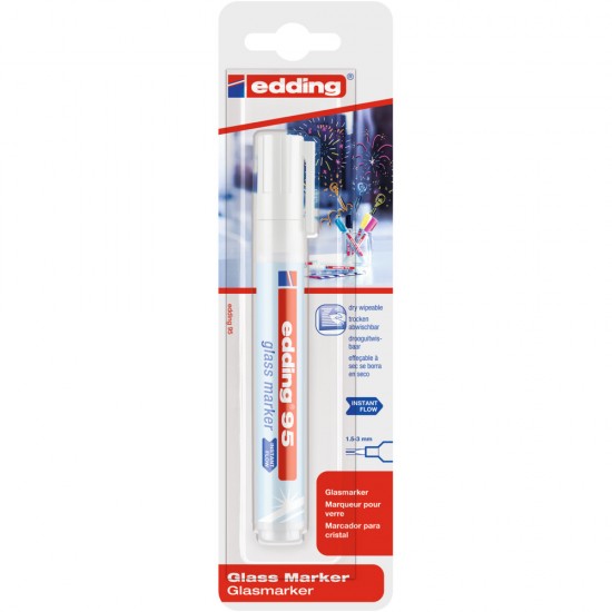 Marker Edding 95 Pentru Suprafete De Sticla, Varf Rotund, 1.5-3 Mm, Alb, Blister
