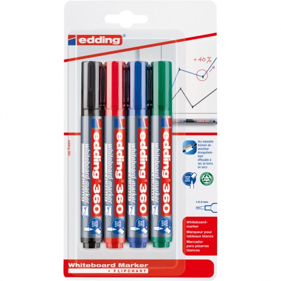 Set 4 Markere Edding 360 Pentru Tabla, Varf 1.5-3 Mm, Negru, Rosu, Albastru, Verde
