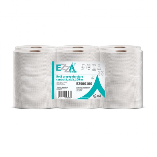 Rola Prosop Derulare Centrala Ezza Clean, Alba, 2 Straturi, 500 Portii,  100 M, 6 Role/bax