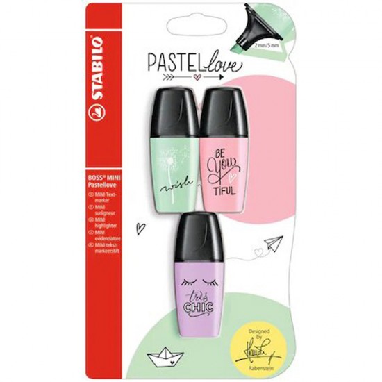 Textmarkere Stabilo Boss Mini Pastel Love, Verde, Roz, Bleu, 3 Bucati/blister
