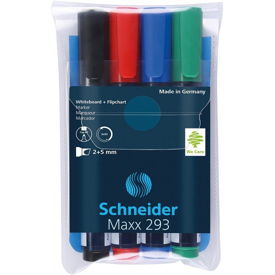 Marker Schneider Maxx 293, Pentru Tabla De Scris+flipchart, Varf Tesit 2-5mm, 4 Cul/set - (n,r,a,v)