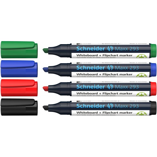 Marker Schneider Maxx 293, Pentru Tabla De Scris+flipchart, Varf Tesit 2-5mm, 4 Cul/set - (n,r,a,v)