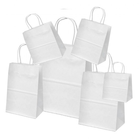 Set 100 de Sacose Hartie pentru Cadouri, 25x14x30.5 cm, Albe, Pungi Hartie Kraft Alba pentru Cadouri, Set de Pungi Hartie Kraft pentru Cadouri, Punga de Hartie pentru Aniversari, Ambalaj pentru Cadou BrandPaper