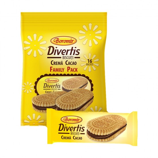 Biscuiti Divertis Boromir, 16 Buc/Punga, 240 g, cu Crema de Cacao, Biscuiti Divertis, Eugenii Divertis, Biscuiti Crema Cacao, Biscuiti Cacao Divertis, Biscuiti Cacao Boromir, Eugenii Crema Cacao, Biscuiti Boromir