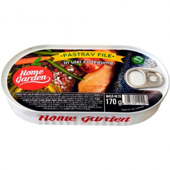 Pastrav File in Ulei cu Legume, Home Garden, 170 g, Conserva de Pastrav, Conserva de Peste Home Garden, Pastrav File in Ulei cu Legume in Conserva, Pastrav File Home Garden, Pastrav File in Ulei 170 g