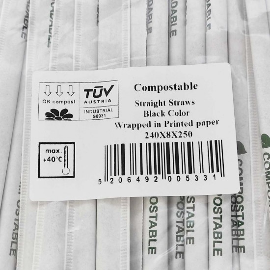 Paie Biodegradabile Drepte din PLA, Ambalate Individual, Culoare Negru, Dimensiune 240x8 mm, 250 Buc/Set