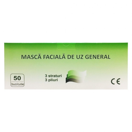 Cutie 50 de Masti Faciale de Uz General, Global Treat, 3 Straturi si 3 Pliuri, Masca de Protectie, Masca Faciala, Masti de Protectie, Masti Medicale, Masti Protectie Medicale, Masca Medicala, Masca Uz Medical, Masca pentru Fata, Cutie Masti