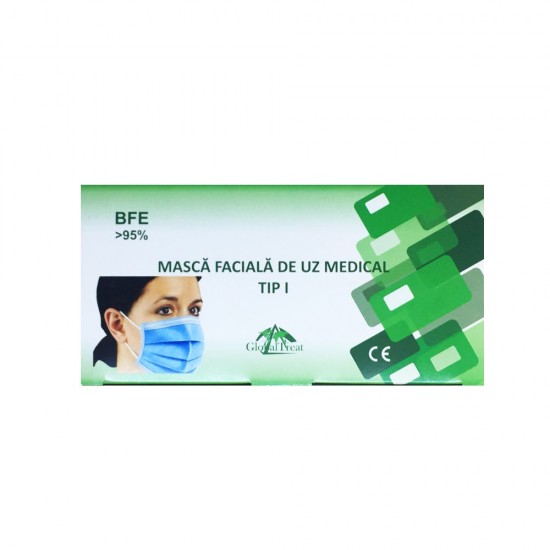 Cutie 50 de Masti Faciale de Uz Medical Tip 1, Global Treat, 3 Straturi si 3 Pliuri, Masca de Protectie, Masca Faciala, Masti de Protectie, Masti Medicale, Masti Protectie Medicale, Masca Medicala, Masca Uz Medical, Masca pentru Fata, Cutie Masti