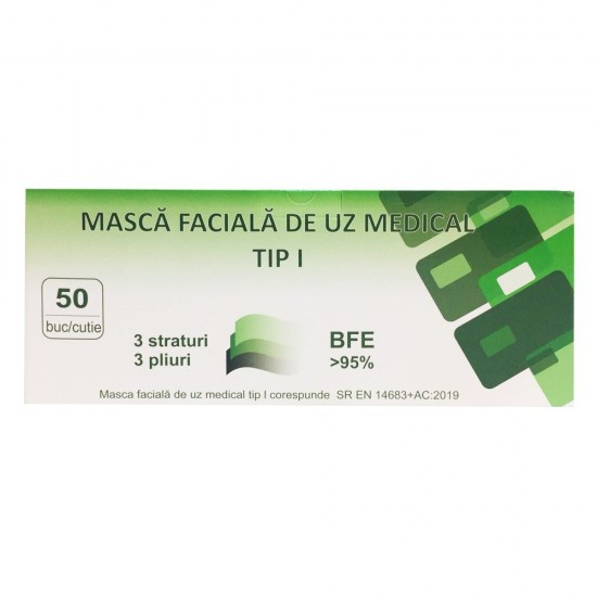Cutie 50 de Masti Faciale de Uz Medical Tip 1, Global Treat, 3 Straturi si 3 Pliuri, Masca de Protectie, Masca Faciala, Masti de Protectie, Masti Medicale, Masti Protectie Medicale, Masca Medicala, Masca Uz Medical, Masca pentru Fata, Cutie Masti