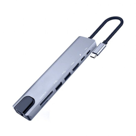 Adaptor Docking Station 8 in 1, Port USB-C in Ethernet Port, 3 Porturi USB, 4K USB-C, Argintiu