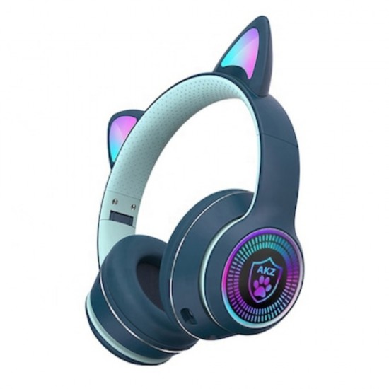 Casti Wireless Pliabile AKZ K27 cu Model Urechi de Pisica, Impermeabil IPX-6, Bluetooth 5.0, Suport Card SD, AUX, Sunet HiFi, Extra Bass, Iluminare LED, Albastre