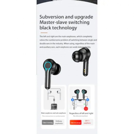 Casti Wireless SKY-1, Control Tactil, Design Modern Ergonomic, Bluetooth V5.2, TWH, Negru cu Albastru