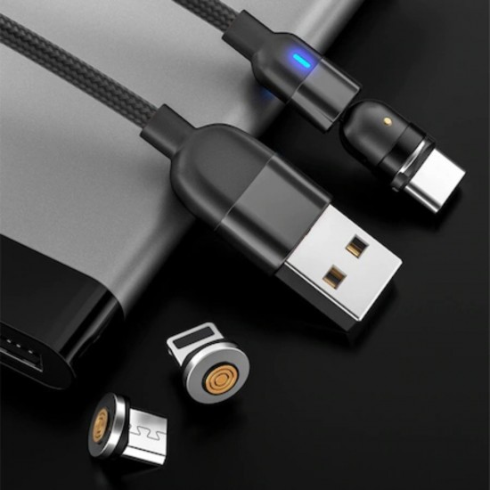 Cablu de Incarcare 3 in 1 cu Conector Magnetic Rotatie la 540Â°, Incarcare 5V 2.4A, 1 Metru, Conector pentru IOS/Android/USB-C, Culoare Negru