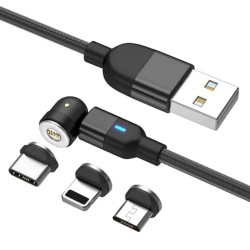 Cablu de Incarcare Negru 3 in 1 cu Conector Magnetic Rotatie la 540Â°, Incarcare 5V 2.4A, 2 Metri, Conector pentru IOS/Android/USB-C