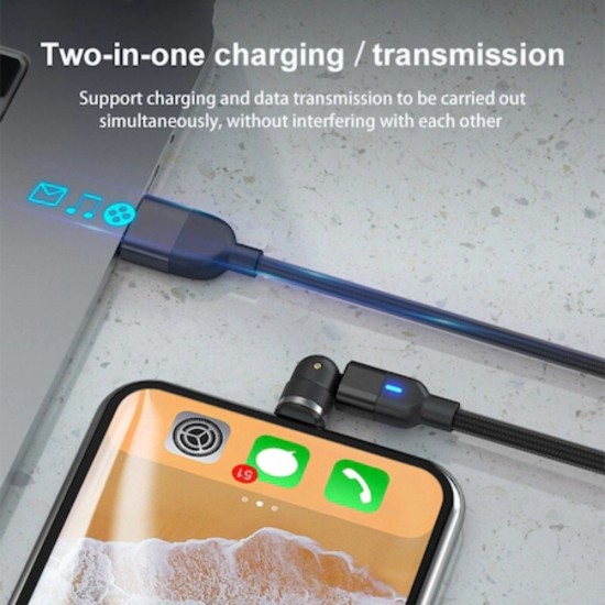 Cablu de Incarcare Negru 3 in 1 cu Conector Magnetic Rotatie la 540Â°, Incarcare 5V 2.4A, 2 Metri, Conector pentru IOS/Android/USB-C