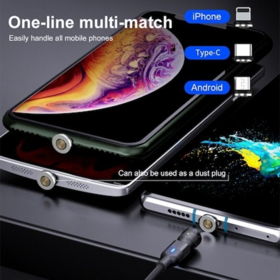 Cablu de Incarcare Negru 3 in 1 cu Conector Magnetic Rotatie la 540Â°, Incarcare 5V 2.4A, 2 Metri, Conector pentru IOS/Android/USB-C