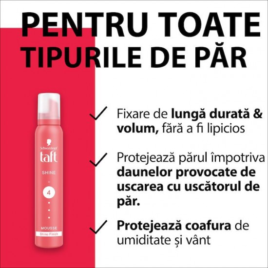 Spuma Modelatoare Taft Shine, Nivel Fixare 4, Formula Vegana, 200 Ml