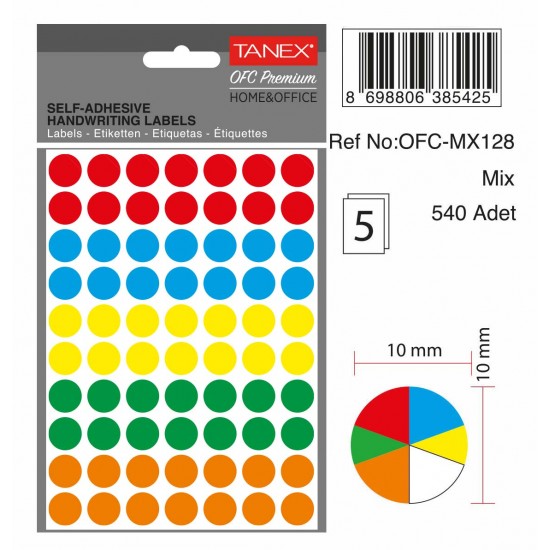 Etichete Autoadezive Rotunde, D10 Mm, 540 Buc/set, Tanex, Culori Fluorescente Asortate