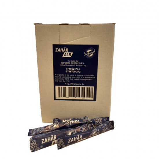 Zahar Stick Alb Imperial 5g, 200  Pliculete, Ambalat in Cutie de Carton, Pliculete de Zahar, Zahar Plic Stick, Zahar Stick